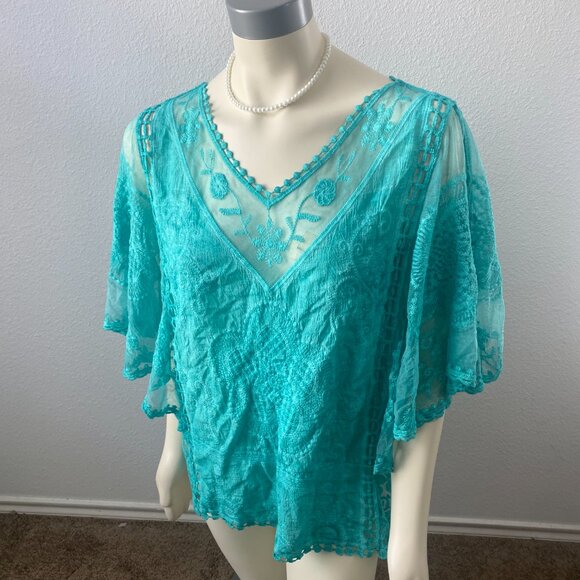 Sapphire Anthropology brand turquoise intricate lace boho top. Sz Large petite. - Picture 10 of 12